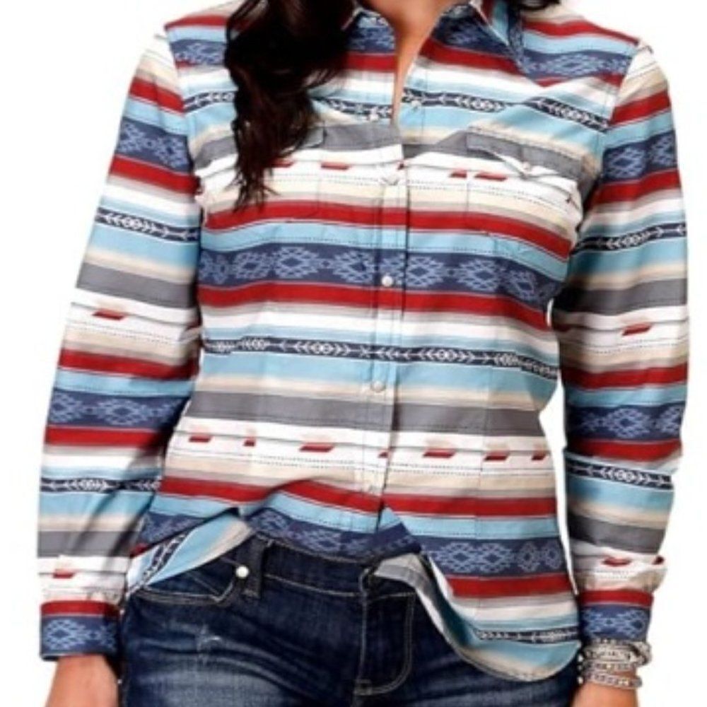 ROPER Girl's Southwestern Striped Pearl Snap Long Sleeve Shirt Blue Large - NWT
